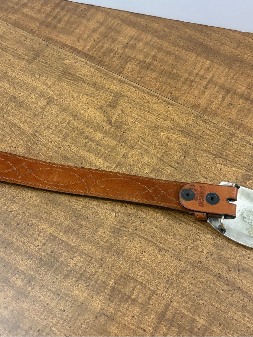 Bianchi Brown Leather Belt With Bear Belt Buckle Vintage Size 36 - Picture 8 of 12
